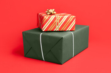 Christmas gifts on red background