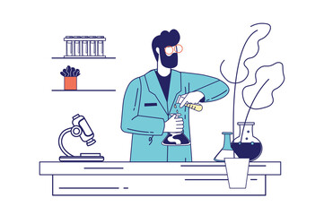 Science laboratory concept in flat line design for web banner. Man scientist pours from tube in flask and makes chemical test in lab, modern people scene. Illustration in outline graphic style