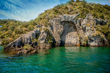 Fototapeta na wymiar traditional rock carving lake taupo north island new zealand. High quality photo