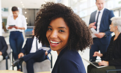 Black woman, portrait and happy in business meeting, collaboration or ideas in office. Company...