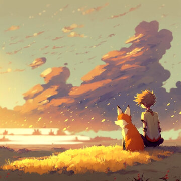 boy and a fox looking at a sunset digital art cartoon
