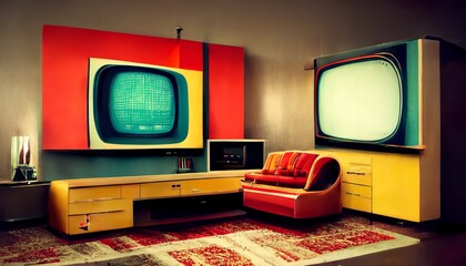 Vintage socialist living room with retro television with red sofa interior design