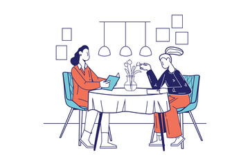 People at restaurant concept in flat line design for web banner. Women sit at table in cafe, choose dishes from the menu and talk, modern people scene. Illustration in outline graphic style