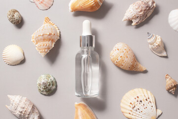 Cosmetic serum for face with seashells .The concept of a summer cosmetic moisturizing serum with collagen and organic sea minerals.