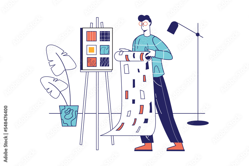 Aufkleber design studio concept in flat line design for web banner. designer selects color palette for wallpap