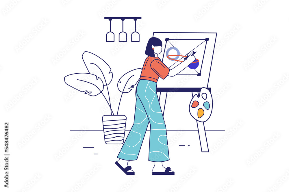 Poster design studio concept in flat line design for web banner. designer draws on easel, select color pale