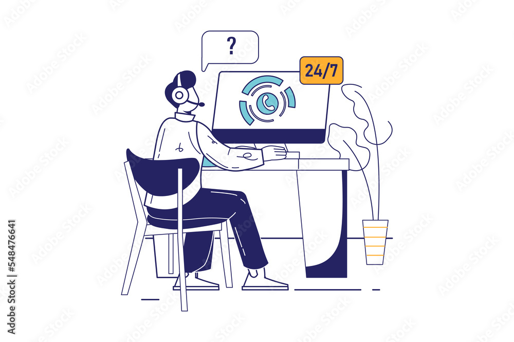 Poster call center concept in flat line design for web banner. man operator answers customer messages aroun