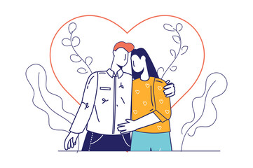 Valentines day concept in flat line design for web banner. Man and woman hug and love each other. Couple in romantic relationship, modern people scene. Illustration in outline graphic style