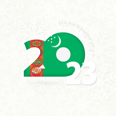 New Year 2023 for Turkmenistan on snowflake background.