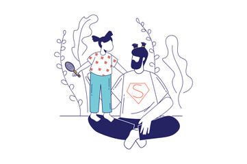 Fathers day concept in flat line design for web banner. Little daughter does cute hairstyle for best dad. Family celebrate holiday, modern people scene. Illustration in outline graphic style