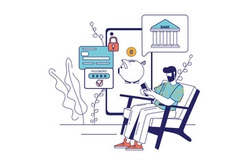 Online banking concept in flat line design for web banner. Man makes financial transactions on Internet using app on mobile phone, modern people scene. Illustration in outline graphic style
