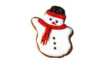 Christmas cookies gingerbread snowman hero with red scarf and black hat. Coal eyes, carrot nose, isolated on white background