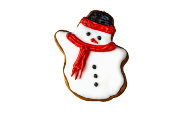 Christmas cookies gingerbread snowman hero with red scarf and black hat. Coal eyes, carrot nose, isolated on white background