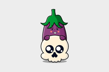 Cute Eggplant cartoon character hiding in skull illustration in flat modern design
