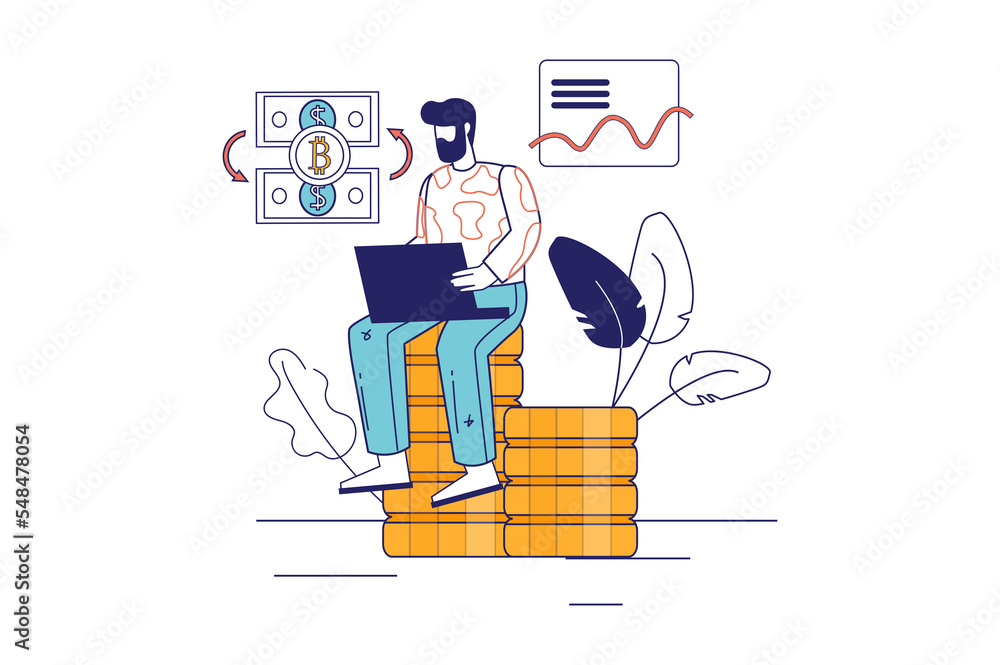 Poster cryptocurrency concept in flat line design for web banner. man buys or sells crypto money using lapt