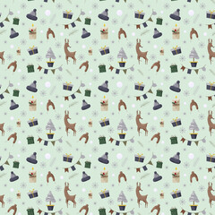 Christmas seamles pattern with tree, santa, decoration, gifts. Christmas seamless pattern perfect for textile, wrap and wallpaper and design.