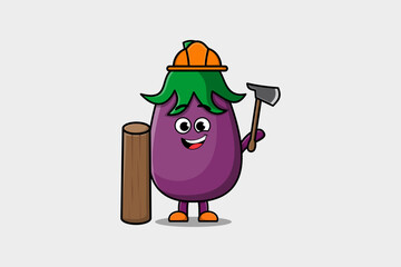 Cute cartoon Eggplant as carpenter character with ax and wood in flat modern style
