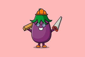 Cute cartoon Eggplant as carpenter character with saw and wood in flat modern style design
