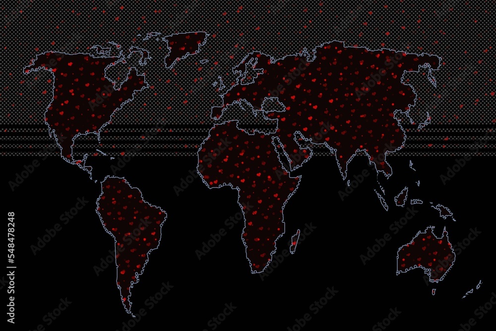 Poster roughly outlined world map with heart pattern. poster of world