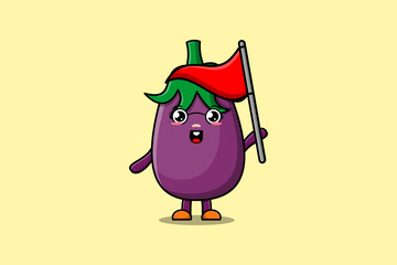 Cute cartoon Eggplant character holding triangle flag in 3d modern design illustration
