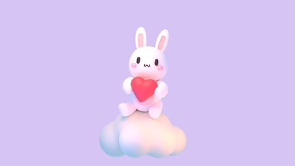 3d rendered cute bunny holding a red heart sitting on a cloud.