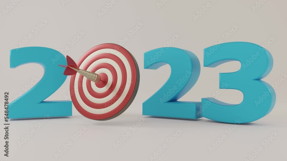 Poster 3d animation of the date of the 2023 new year and the appearance of a target for darts. the dart hit