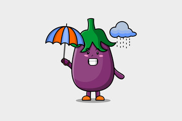 Cute cartoon Eggplant character in the rain and using an umbrella in flat modern style design