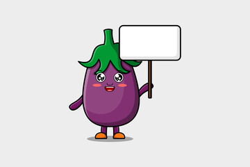 Cute cartoon Eggplant character holding blank board in vector concept flat cartoon style illustration