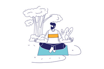 Yoga training concept in flat line design for web banner. Man sitting in lotus position and meditating outdoors. Healthy lifestyle modern people scene. Illustration in outline graphic style