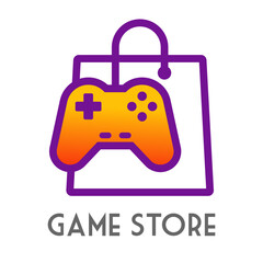 Logo con texto Game Store con joystick gamer con cable en bolsa de la compra lineal