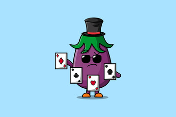Cute cartoon Eggplant magician character playing magic cards in flat cartoon style illustration