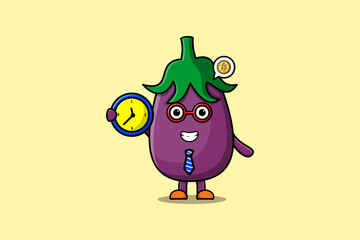 Cute cartoon Eggplant character holding diary book illustration with happy expression