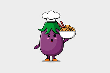 Cute cartoon Eggplant chef character holding noodles in bowl flat cartoon style illustration