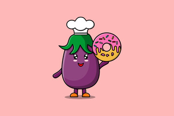 Cute cartoon Eggplant chef character donuts in flat cartoon style illustration