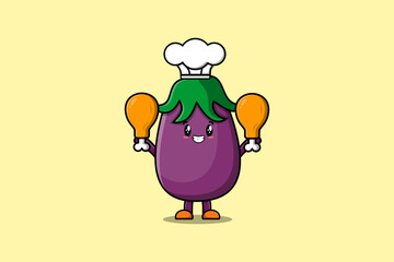 Cute cartoon Eggplant chef character holding two chicken thighs in flat cartoon style illustration