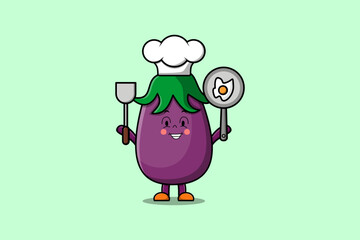 Cute cartoon Eggplant chef character holding pan and spatula in flat cartoon style illustration