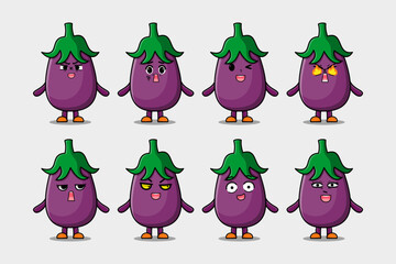 Set kawaii Eggplant cartoon character with different expressions cartoon face vector illustrations