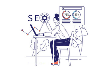 SEO concept in flat line design for web banner. Woman analyzes search results and website ranking, optimization and development, modern people scene. Illustration in outline graphic style