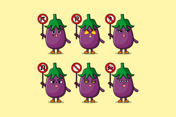 Cute Eggplant cartoon character holding traffic sign illustration in modern 3d style design