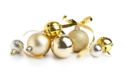 Beautiful Christmas decorations and serpentine on white background