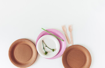 Eco craft disposable tableware from wood and recycle paper. Zero waste concept. White background. Top view