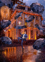 Beautiful man with umrellas under the rain in night city view