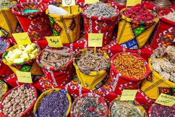 Exotic Spices in the Old Souq of Mutrah, Oman. Traditional Bazaar with Ingredients of Omani Cuisine.