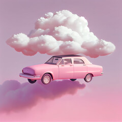 Minimal 3D concept of a small modern pink toy car flying on a white, soft cloud. Pastel pink abstract Illustration background.