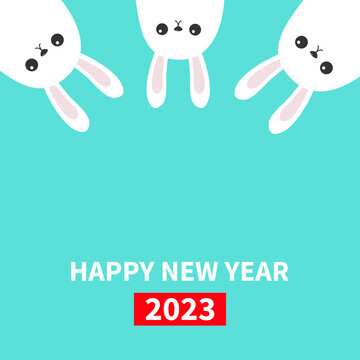 Happy Chinese New Year 2023. The year of the rabbit. Three white bunny hanging upside down. Picaboo. Flat design. Funny head face. Cute kawaii cartoon character. Baby greeting card. Blue background.