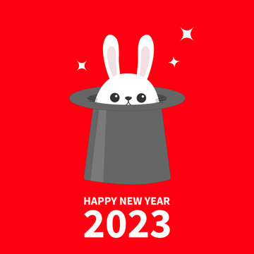 Happy Chinese New Year 2023. The year of the rabbit. White bunny in magic hat. Sining stars. Funny head face icon. Big ears. Cute kawaii cartoon character. Greeting card. Flat design. Red background.