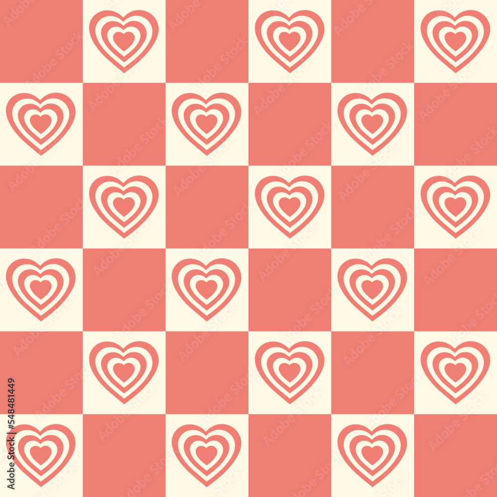 Poster monochrome seamless pattern with hearts shaped tunnel on a checkered background. modern retro hippie