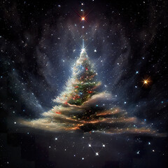 Space explosion of stars in the shape of a Christmas tree, 3D Illustration, cosmic refraction of neon colors. Futuristic urban creative concept. The whole universe is celebrating Christmas.