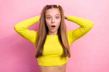 Photo of worried nervous lady wear stylish clothes open mouth unexpected unbelievable offer...