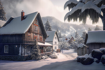 Weihnachtliche Winterlandschaft Christmas Jahreszeit Dorf Berge Alpen Schnee Ländlich Ruhig Digital AI Art 3D Rendering Illustration